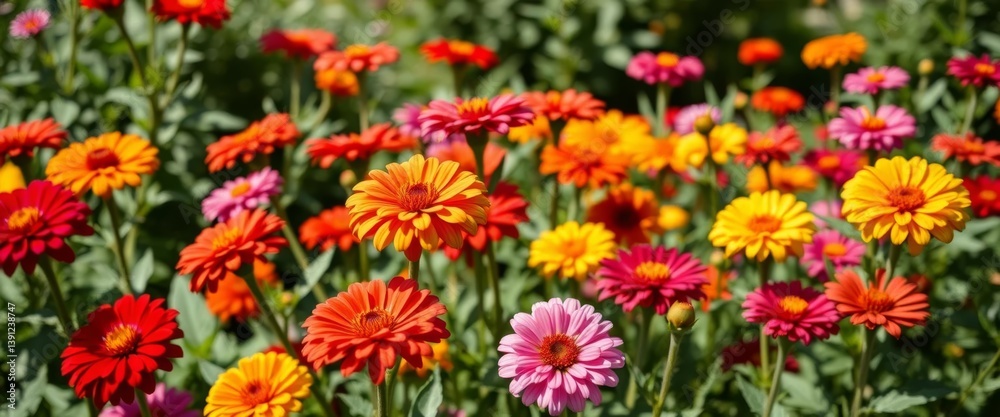 Vibrant zinnias bloom in a sunny garden, showcasing a rainbow of colors , macro, garden Vibrant zinnias bloom in a sunny garden, showcasing a rainbow of colors , macro, garden