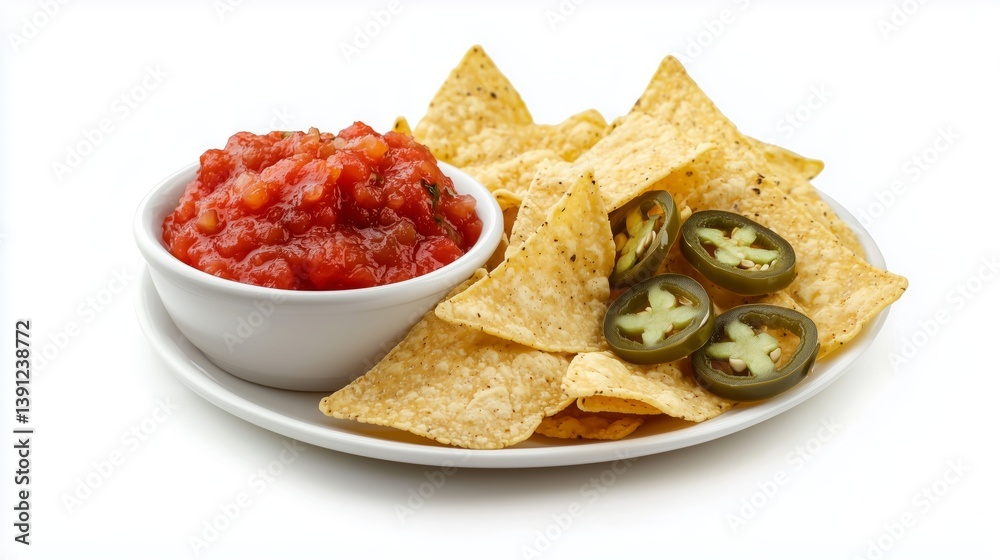 Cinco de Mayo celebration features nachos with salsa and jalapenos on a bright white background Cinco de Mayo celebration features nachos with salsa and jalapenos on a bright white background
