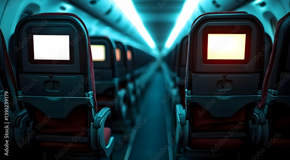 Interior view of an airplane cabin showing empty seats with illuminated screens, creating a modern and sleek travel environment. Interior view of an airplane cabin showing empty seats with illuminated screens, creating a modern and sleek travel environment.