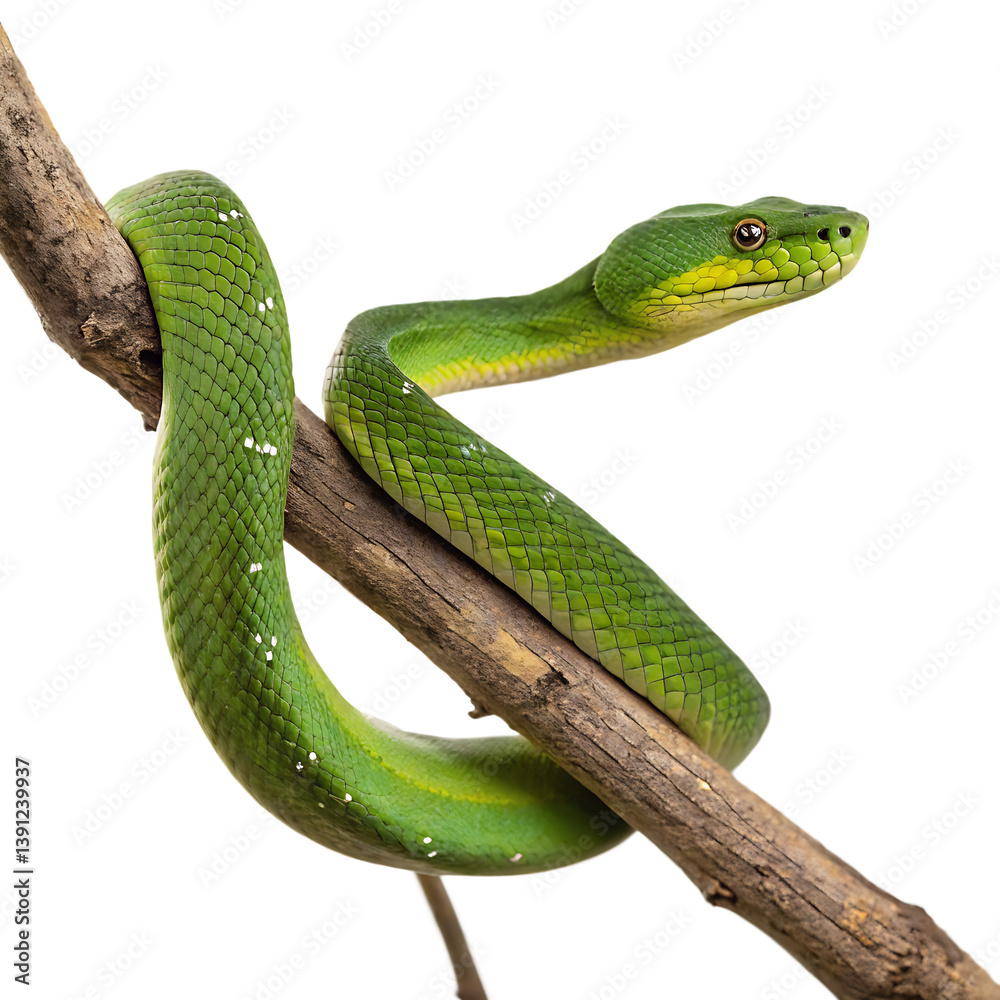 Obraz premium A Green Tree Snake Wrapping Around a Branch, Mid-Motion, Detailed Close-Up