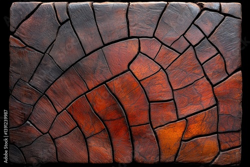 Detailed Close Up of Dark Brown Wood Block with Geometric Crack Patterns Under Natural Light