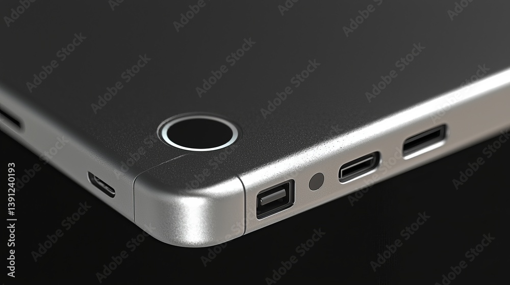 Obraz premium Close-up of a sleek laptop edge showcasing ports and modern design elements.