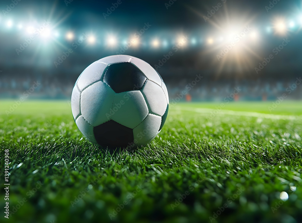 Fototapeta premium A close-up view of a soccer ball on a well-maintained grass field, surrounded by stadium lights and a cheering crowd, capturing the sports spirit.
