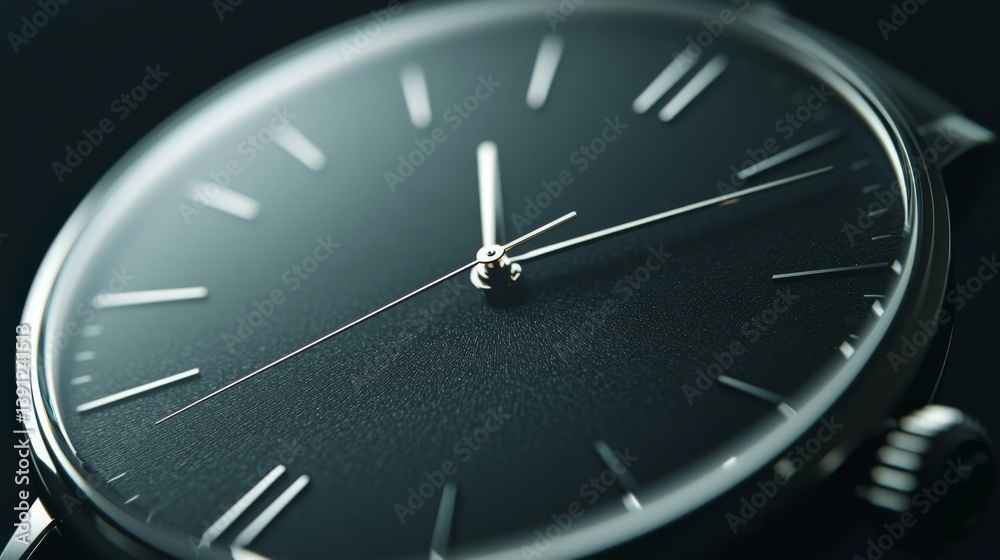 Close-up of an elegant black watch face highlighting precise timekeeping design. Close-up of an elegant black watch face highlighting precise timekeeping design.