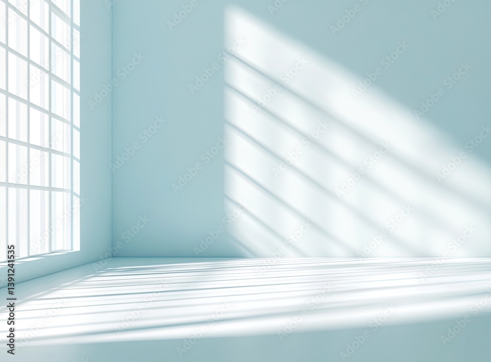 Obraz premium Serene light blue gradient background with blurred sunlight rays and floor shadows, minimalist design for advertising banners, brand presentations, digital marketing templates.