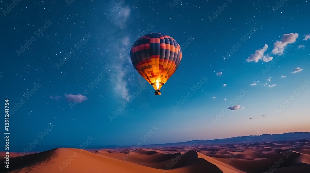 Obraz premium Striking Hot Air Balloon Ascends over Desert Dunes under Starry Night Sky