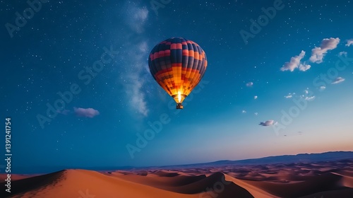 Striking Hot Air Balloon Ascends over Desert Dunes under Starry Night Sky