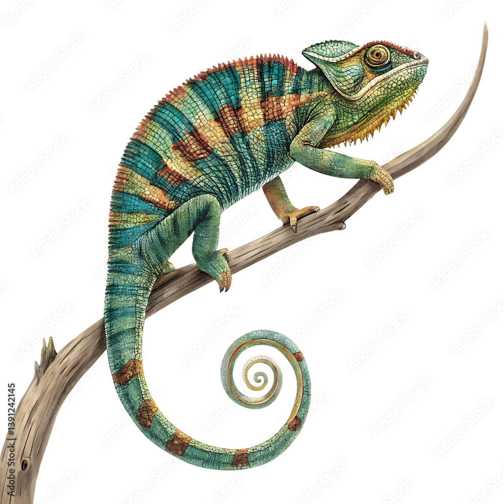 Fototapeta premium Chameleon Turning Its Body with Animated Tail Curving, Showcasing Color Change Ability