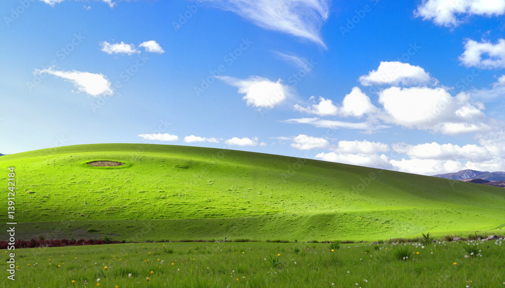Fototapeta premium Green grassy hill under blue sky with clouds 