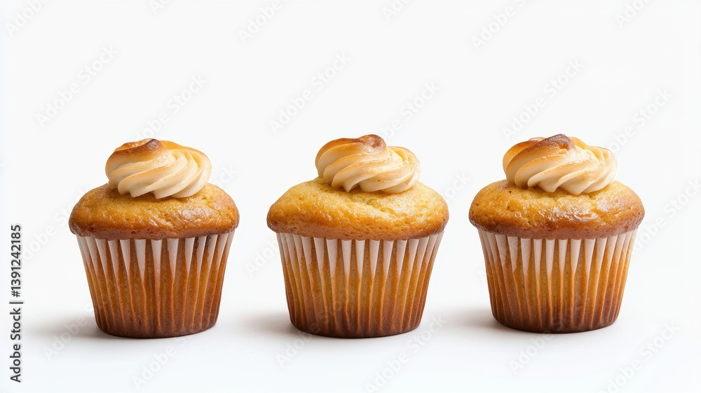 Three delicious vanilla cupcakes with creamy swirls of frosting sit in a neat row on a white background perfect for baking blogs or advertisements. Three delicious vanilla cupcakes with creamy swirls of frosting sit in a neat row on a white background perfect for baking blogs or advertisements.