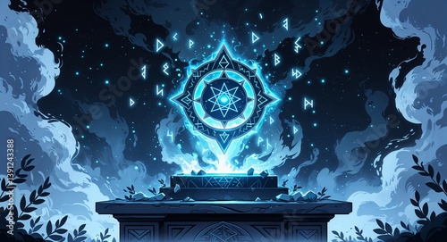 A magical amulet surrounded by mist and glowing runes floating in the air above an altar anime cartoon style illustration artwork design background