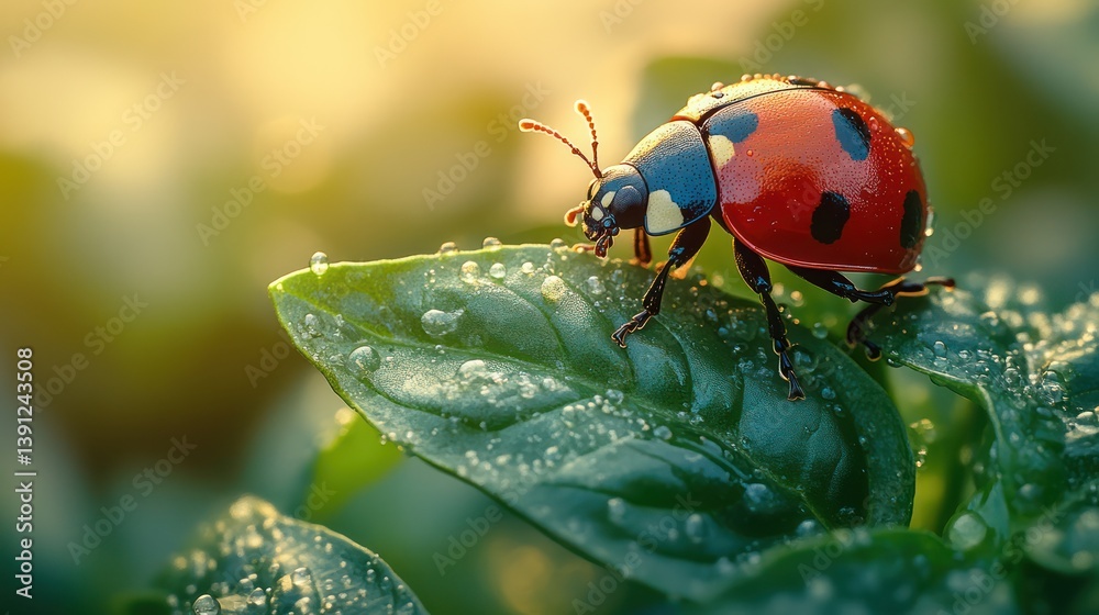 Fototapeta premium Ladybug on green leaf closeup
