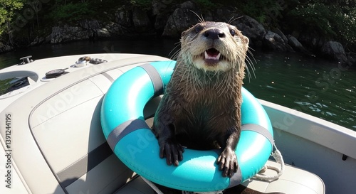 Otter Enjoying Boat Ride Wearing Life Preserver in Serene Waters