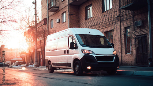 White delivery van parked on a city street with brick buildings and a sunset in the background