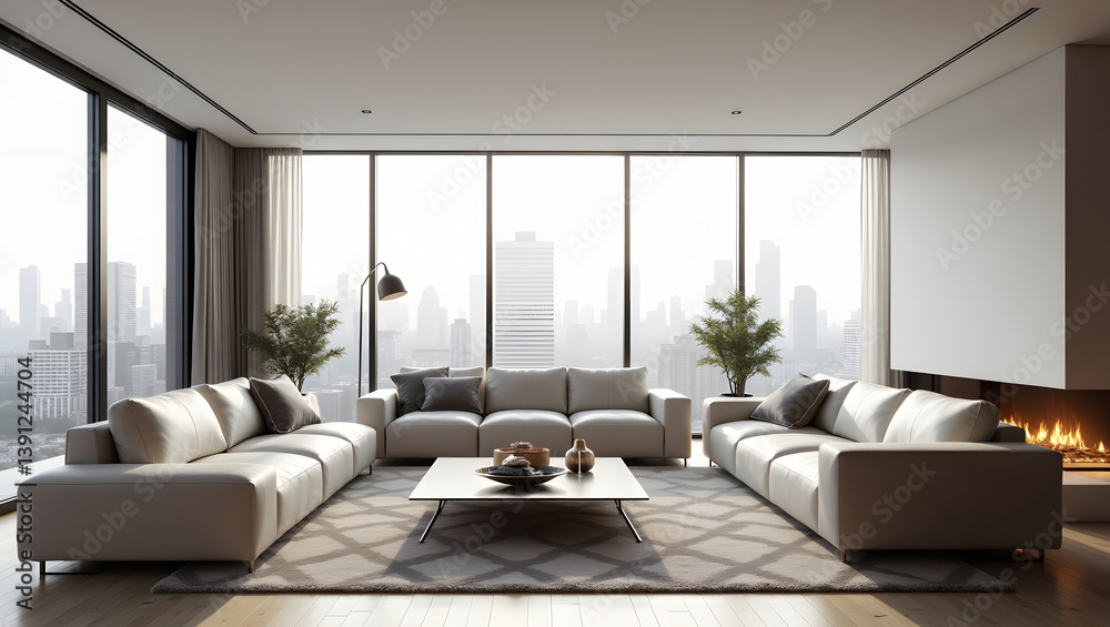 Fototapeta premium Modern Living Room Interior with City View and Cozy Fireplace