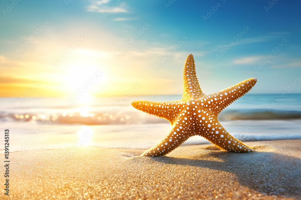 A vibrant starfish rests on the sandy beach, illuminated by the warm glow of the sunrise over the tranquil ocean waves. A vibrant starfish rests on the sandy beach, illuminated by the warm glow of the sunrise over the tranquil ocean waves.
