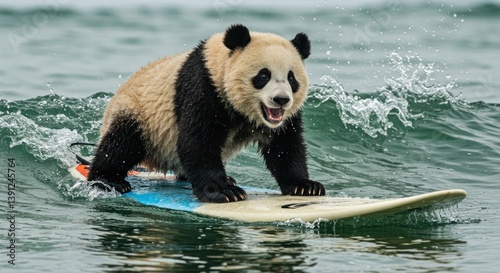 Panda Surfing on the Ocean Wave Enjoying the Water