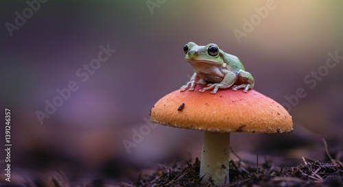 Frog Sitting Atop a Mushroom in a Forest Setting Outdoors