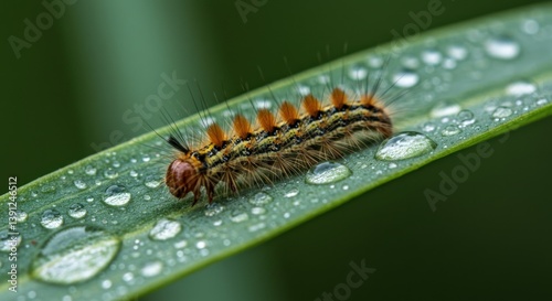 Caterpillar Walking on Green Leaf Covered in Water Droplets