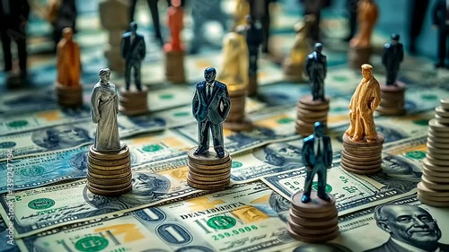 Miniature Business Figures on Stacked Coins and Dollar Bills