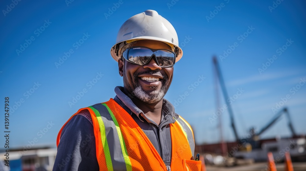 Smiling Construction Worker Wearing Safety Gear on Site, Representing Labor and Skilled Trades Smiling Construction Worker Wearing Safety Gear on Site, Representing Labor and Skilled Trades