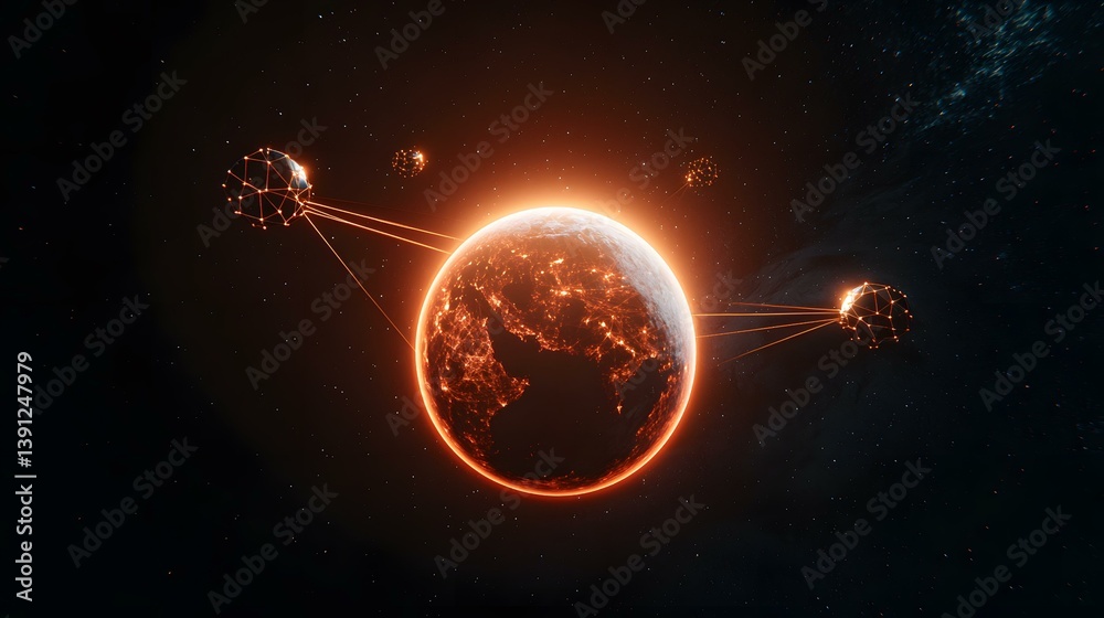 Obraz premium A fiery, glowing planet is shown in space, orbited by several glowing, geometric satellites connected by bright orange lines.