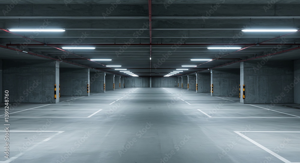 Obraz premium Line of several empty parking lots in an open garage with concrete wall