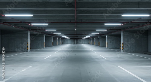 Line of several empty parking lots in an open garage with concrete wall