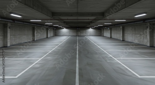 Line of several empty parking lots in an open garage with concrete wall