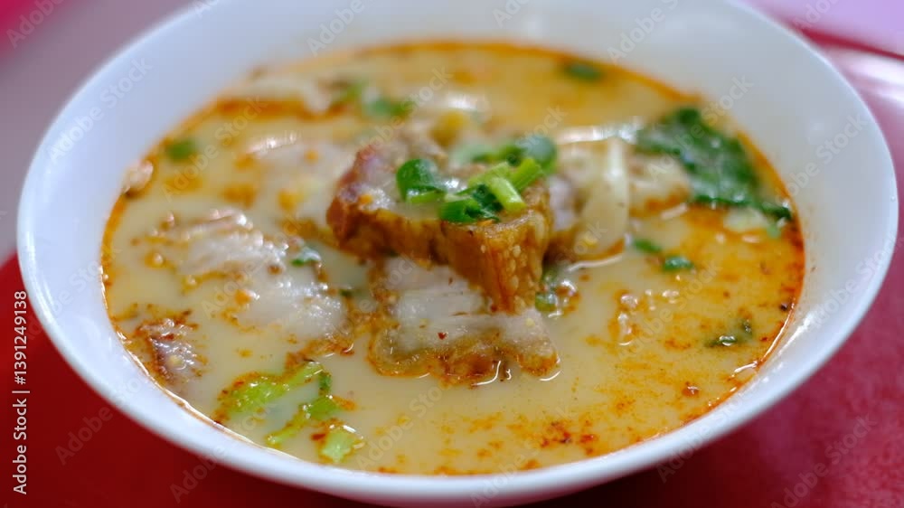 A closeup bowl of noodle soup with crispy meat and vegetables,Thai street food at the night time A closeup bowl of noodle soup with crispy meat and vegetables,Thai street food at the night time