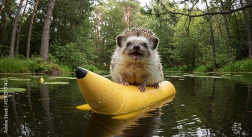 Hedgehog Paddling on Banana Boat in Serene Forest River