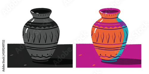 Handmade Clay Vase brown, Black & White with coloring ceramic vase pottery isolated object