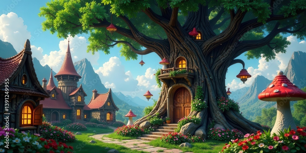 Obraz premium Enchanted Village nestled beside a whimsical tree house with glowing windows and a stone pathway, surrounded by vibrant flowers and towering mountains
