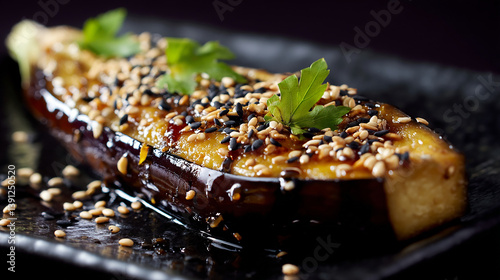Grilled eggplant topped with miso sauce and sesame