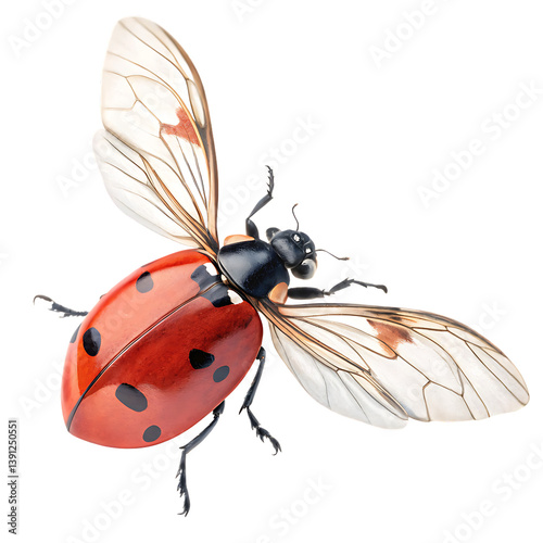 Top down perspective of a ladybug flying in motion with wings spread over a natural background