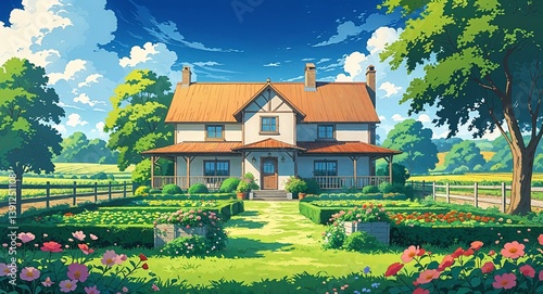 A well kept farmhouse surrounded by gardens and farmland anime cartoon style illustration artwork design background