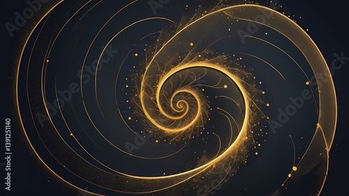 Particles aligned in a Fibonacci spiral, golden ratio design, ethereal glow