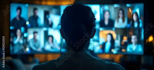 A person participates in a virtual meeting, engaging with multiple participants on a large screen in a contemporary setting.