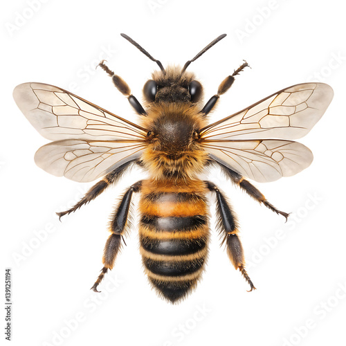 Top down view of a flying bee with wings fully spread in motion against a blurred background