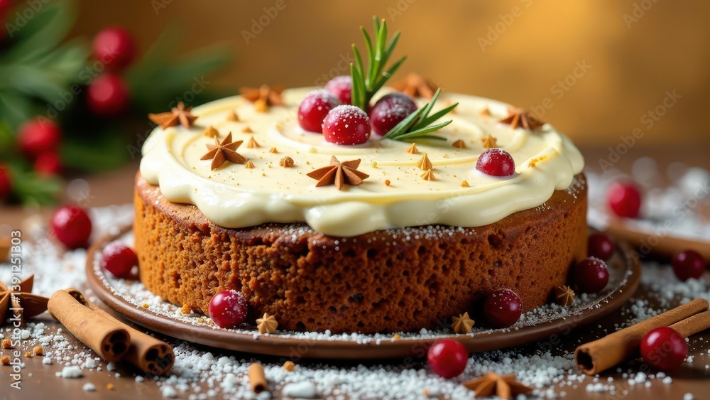 A Festive Spiced Cake with Creamy Frosting, Garnished with Cranberries and Star Anise, Presented on a Rustic Plate