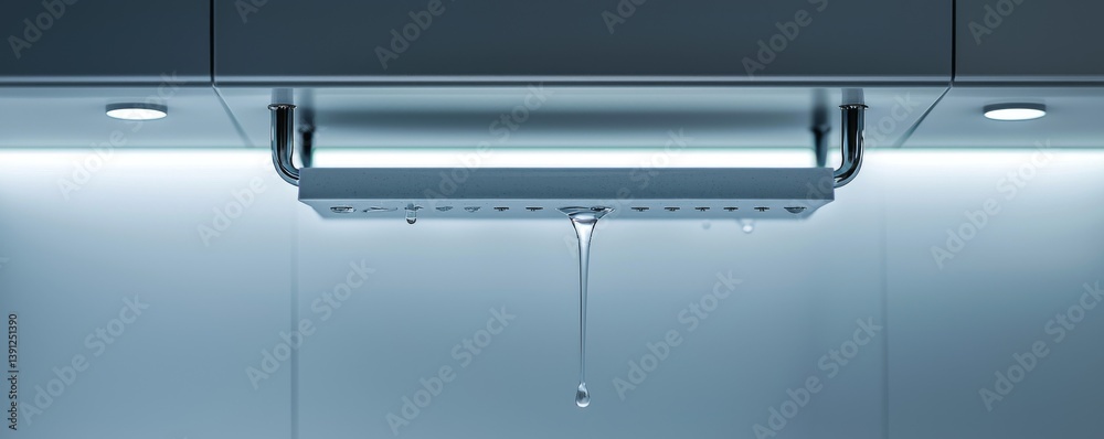 Modern kitchen faucet with a sleek design and water dripping from its spout. Modern kitchen faucet with a sleek design and water dripping from its spout.