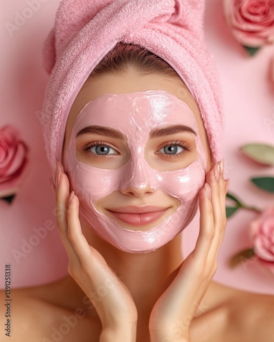 Radiant woman with pink facial mask and towel in spa setting for skincare and beauty treatment on pink background