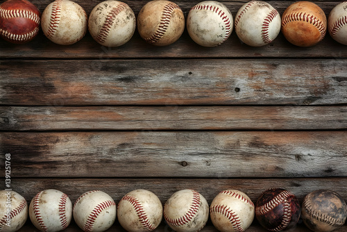 A collection of vintage baseballs arranged on a weathered wooden surface, perfect for sports enthusiasts and nostalgic themes.