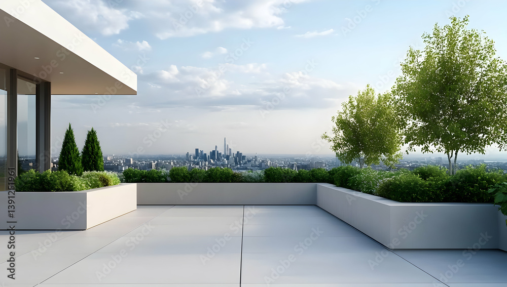 Fototapeta premium A modern rooftop terrace with greenery and a city skyline view, offering a perfect blend of nature and urban living.