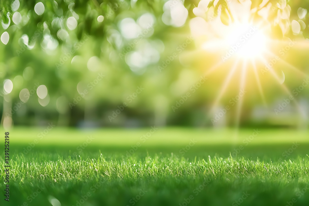 Fototapeta premium A serene landscape featuring vibrant green grass under a bright, glowing sun, embodying the essence of nature and tranquility.