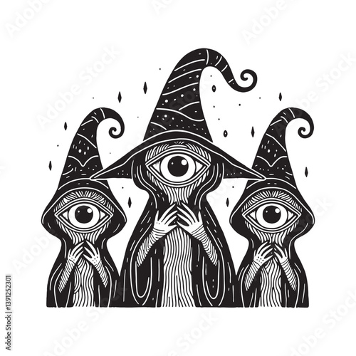 A trio of one-eyed wizards wearing witch hats, with a mysterious and magical vibe.