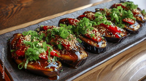 Grilled eggplant topped with miso sauce and sesame