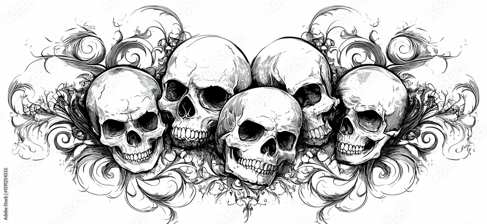 Fototapeta premium Intricate illustration of five skulls adorned with decorative swirls, symbolizing mortality and artistic expression in dark themes.