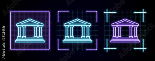 Building illustration, cyber neon visual, glowing border grid vector.