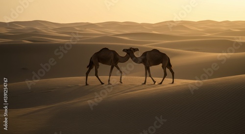Camels Walking Across Sand Dunes in Warm Desert Sunset Light